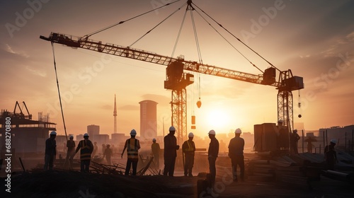 Building under construction, crane and building construction site on sunset daytime, industrial development