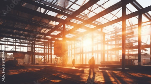 Building under construction, crane and building construction site on sunset daytime, industrial development