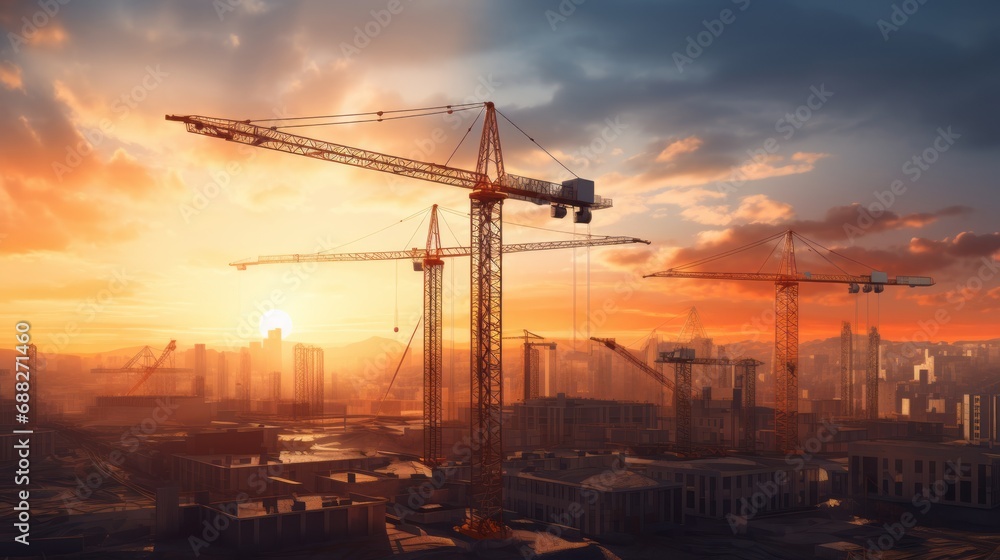 Building under construction, crane and building construction site on sunset daytime, industrial development