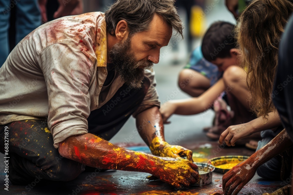 Handsome bearded street artist with paint on his face and dirty hands sitting on the floor, Street artist at work, Street Photography