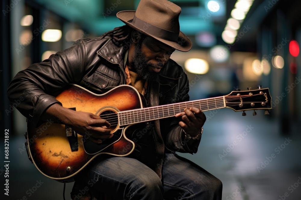 Obraz premium African American man playing guitar in the city street at night, street performer, street photography, Homeless Street Performer is Playing Guitar
