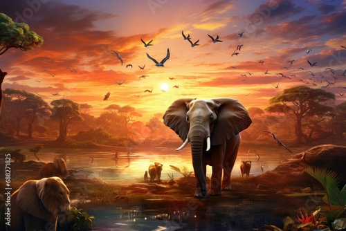 Elephants in the savannah with birds and sunset background, wild animals at dusk savannah scenery nature with birds in red sky, African sunset landscape with safari animals