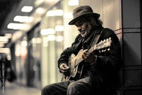 Handsome old man playing guitar in the city, Black and white, Street Photography, Homeless Street Performer is Playing Guitar in the City Underground and Waiting for Donation