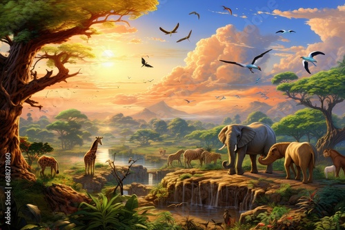 Elephants in the jungle at sunset, illustration for children, Amazing sunset and sunrise, wildlife illustration, illustration of a bright sunset in africa, safari with wild animals