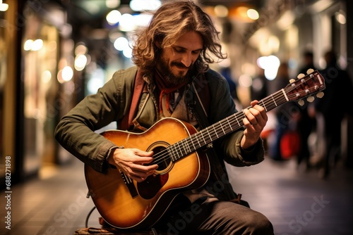 Handsome man playing guitar in the street at night, Urban lifestyle, Street performer playing guitar on street at night, Street Photography a bustling cityscape