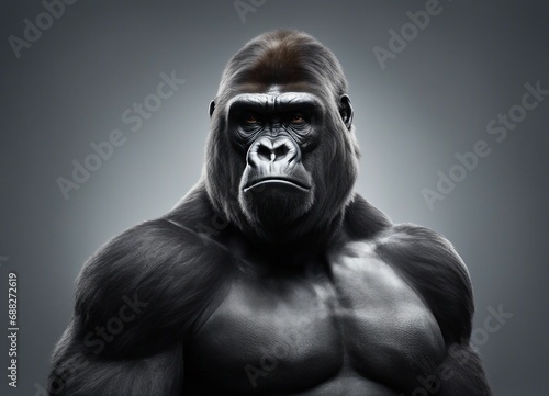 portrait of muscular male gorilla, isolated grey background 