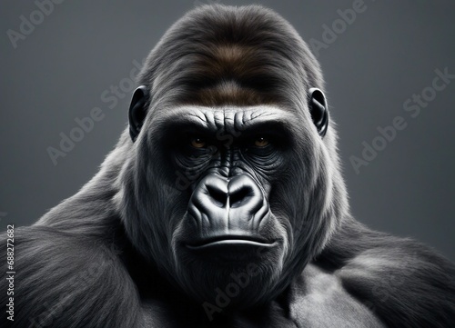 portrait of muscular male gorilla, isolated grey background 