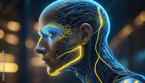 3d Side view of a humanoid head with blue and yellow eyes and vibrant neon neural network, representing futuristic technology and artificial intelligence reboots created with generative ai