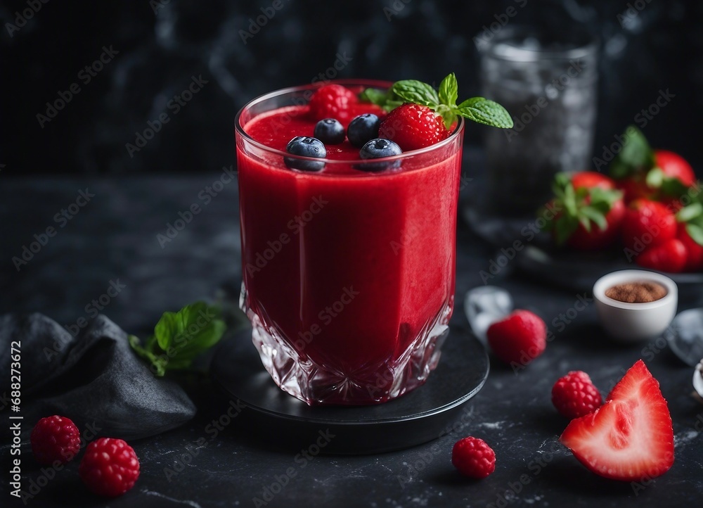 red color fresh smoothie on dark marble background red color fresh smoothie on dark marble background