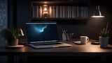 A sleek home office in dark room featuring a laptop resting on a desk with a coffee cup and desk lamp created with generative ai