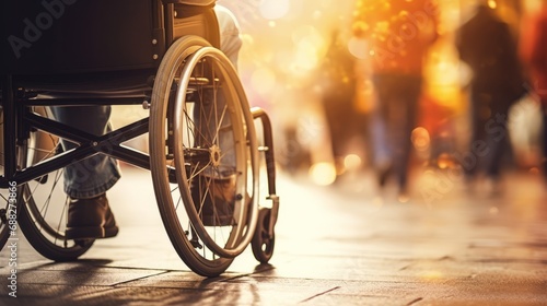 A man in a wheelchair drives around the city