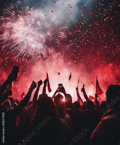 republic celebration in turkey, silhouettes of people, confetti, fireworks and Turkish flag
