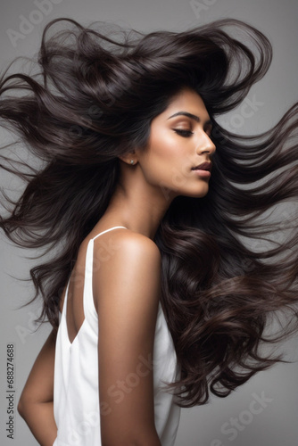 vertical closeup photo portrait of a beautiful young asian indian female model woman shaking her beautiful hair in motion. ad for shampoo conditioner hair products. isolated on dark background
