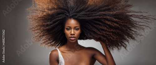 closeup photo portrait of a beautiful young afro american black female model woman shaking her beautiful hair in motion. ad for shampoo conditioner hair products. isolated on white background