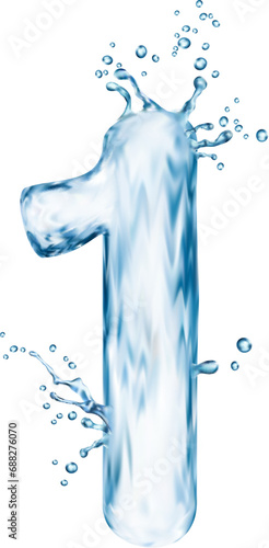 Liquid water number one with splash bubbles, transparent type font, aqua typeface, wet english digit. Isolated realistic vector stunning 1 typeface embodies aquatic fluidity and watery depth