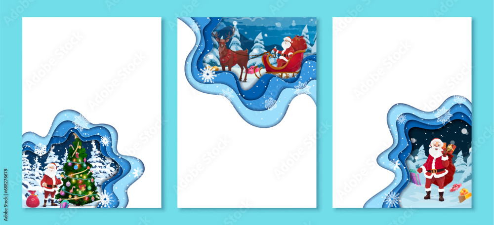 Christmas paper cut banners. Cartoon santa with gifts bag, sleigh and pine tree. Vector holiday greeting card templates with funny Father Noel stand near decorated spruce and deliver presents to kids