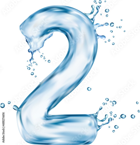 Liquid water number two with splash bubbles, transparent type font, aqua typeface, wet english digit. Isolated realistic vector lifelike aquatic 2 sign mimics the fluidity and elegance of water effect