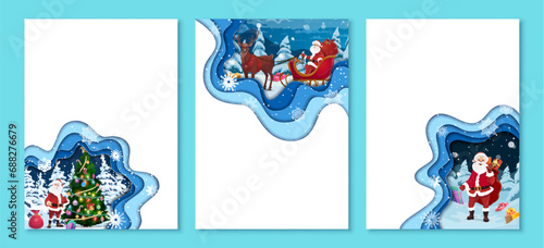 Christmas paper cut banners. Cartoon santa with gifts bag, sleigh and pine tree. Vector holiday greeting card templates with funny Father Noel stand near decorated spruce and deliver presents to kids