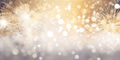 Bright white and gold fireworks at New Year with copy space. comeliness.