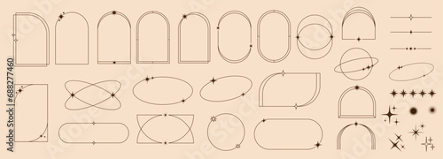 Minimal line frames and borders with star twinkles, sparkles and arch shapes, outline vector. Simple minimal linear frames and line art borders or arc elements with celestial magic star sparkles