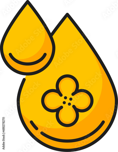 Rapeseed, canola oil drop icon. Isolated vector linear sign of golden dew with flower, showcasing its healthy, versatile, and liquid form. Thin line symbol for natural agricultural or beauty products