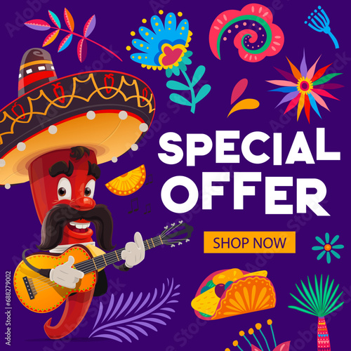 Mexican holiday special offer banner. Mexico fiesta sale vector flyer of cartoon chili pepper mariachi musician character with sombrero playing guitar, tropical flower and plant pattern, discount card