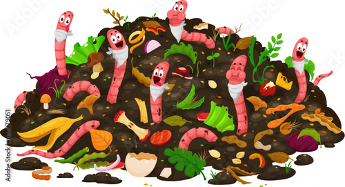 Cartoon earth worms eating compost, funny earthworm characters in organic wastes, vector background. Vermicomposting poster with earthworms in soil humus eating compostable bio garbage of food scraps