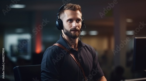 A man wearing a headset talking. Helpdesk call-center service operator photo