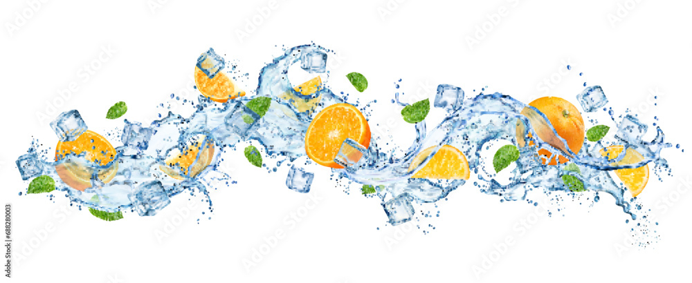 Realistic water wave splash with orange fruit, leaves and ice cubes. Isolated 3d vector flow of cold liquid and frozen blocks, capturing essence of refreshing, cool and invigorating citrus experience - obrazy, fototapety, plakaty 