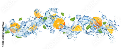 Realistic water wave splash with orange fruit, leaves and ice cubes. Isolated 3d vector flow of cold liquid and frozen blocks, capturing essence of refreshing, cool and invigorating citrus experience