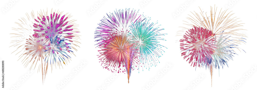 Set of beautiful and colorful fireworks, cut out - stock png.	 - obrazy, fototapety, plakaty 