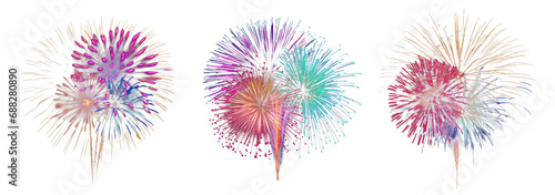 Set of beautiful and colorful fireworks, cut out - stock png. 