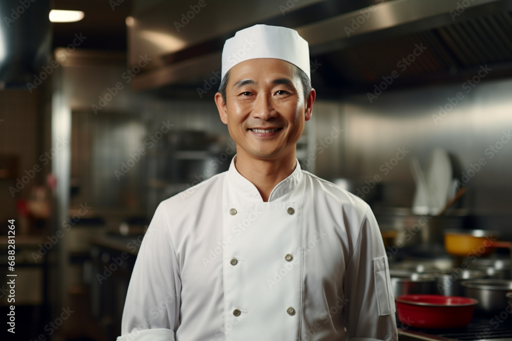 Portrait of a smiling asian male chef with hands crossed in the kitchen. Generative AI Portrait of a smiling asian male chef with hands crossed in the kitchen. Generative AI
