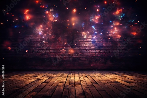 view night wall lamps neon highlights bright smoke background dark floor wooden walls light fire sparks brick old empty room basement abstract disco pattern design colourful