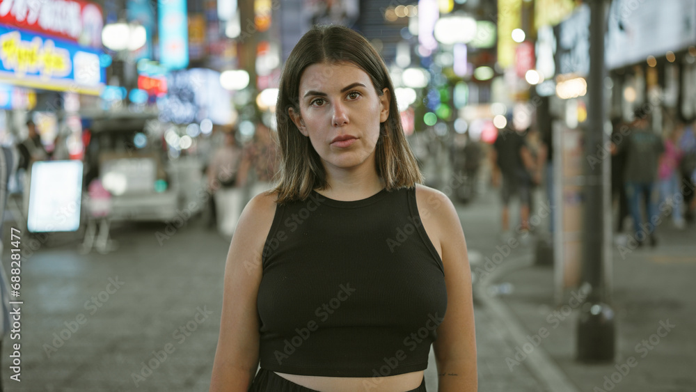 Beautiful hispanic woman's serious expression captured in cityscape portrait, standing strong on tokyo's urban streets under illuminating night lights