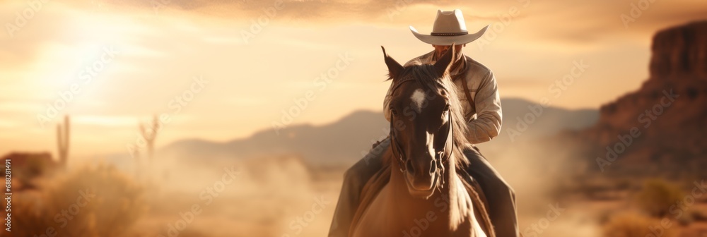 A person riding a horse and wearing a cowboy hat - obrazy, fototapety, plakaty 