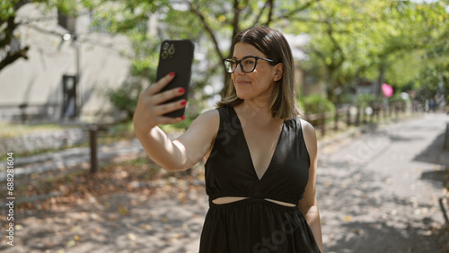 Cheerful hispanic woman, sporting glasses, captures a beautiful self-enjoyed selfie amid the traditional kyoto streets