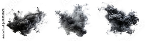 Set of textured clouds of gray smoke, cut out - stock png. 