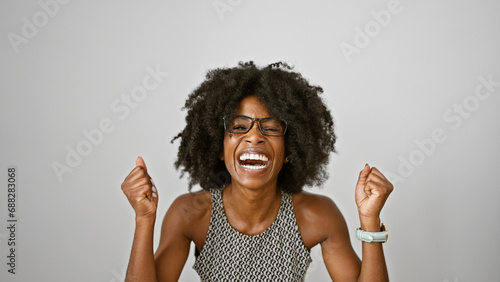 African american woman business worker smiling confident celebrating over isolated white background