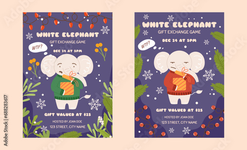 White elephant gift exchange party game template, set of two posters. Funny grumpy character who is surprised by what he sees in the gift box. Christmas party