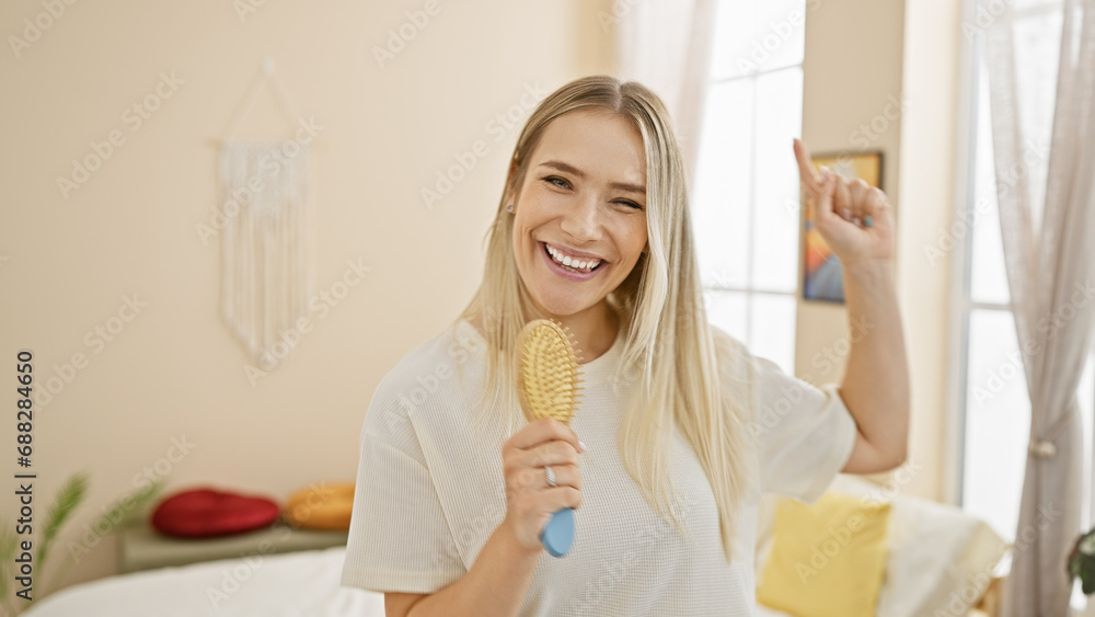Buzzing indoor morning as beautiful blonde young woman enjoys singing fun song with brush as microphone in pajama-adorned bedroom Buzzing indoor morning as beautiful blonde young woman enjoys singing fun song with brush as microphone in pajama-adorned bedroom