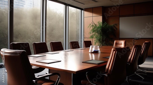 A Spacious Conference Room with a Grand Wooden Table and Comfortable Chairs