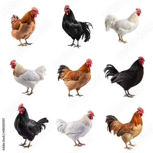 Set of beautiful chicken, cut out - stock png. 