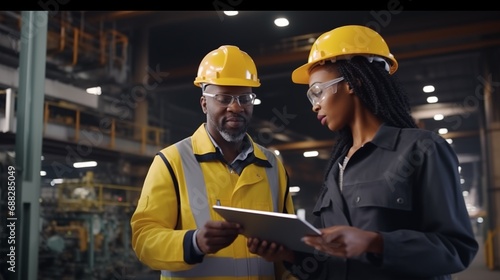 Teamwork in Action: Hardhat-Wearing Man and Woman Achieve Success with Tablet