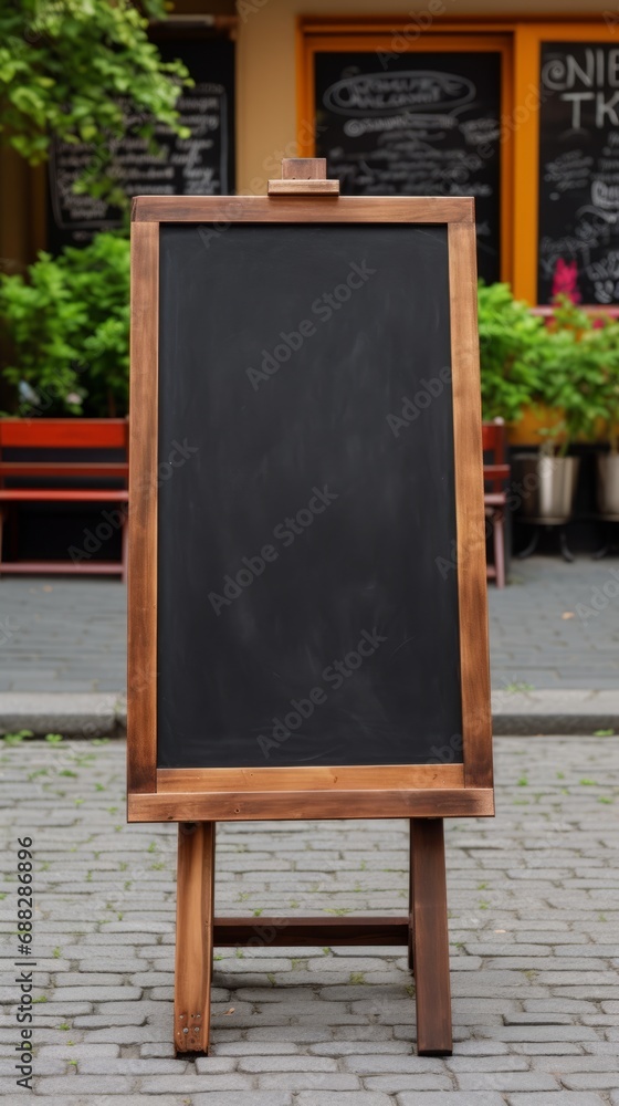 Empty sandwich board for a menu and a chalk drawing on street