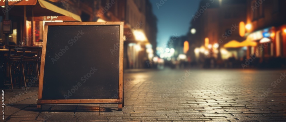 Naklejka premium Empty sandwich board for a menu and a chalk drawing on street
