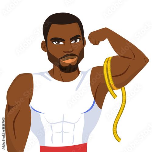 Young adult man showing strong biceps illustration vector. Male bodybuilder with flexed arm