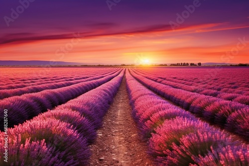 Lavender flowers blooming fields at sunset. generative ai.