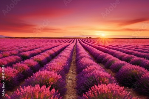 Lavender flowers blooming fields at sunset. generative ai.