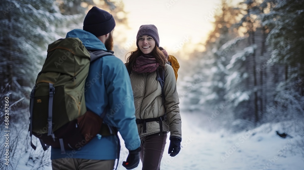 Friends traveling to winter mountains